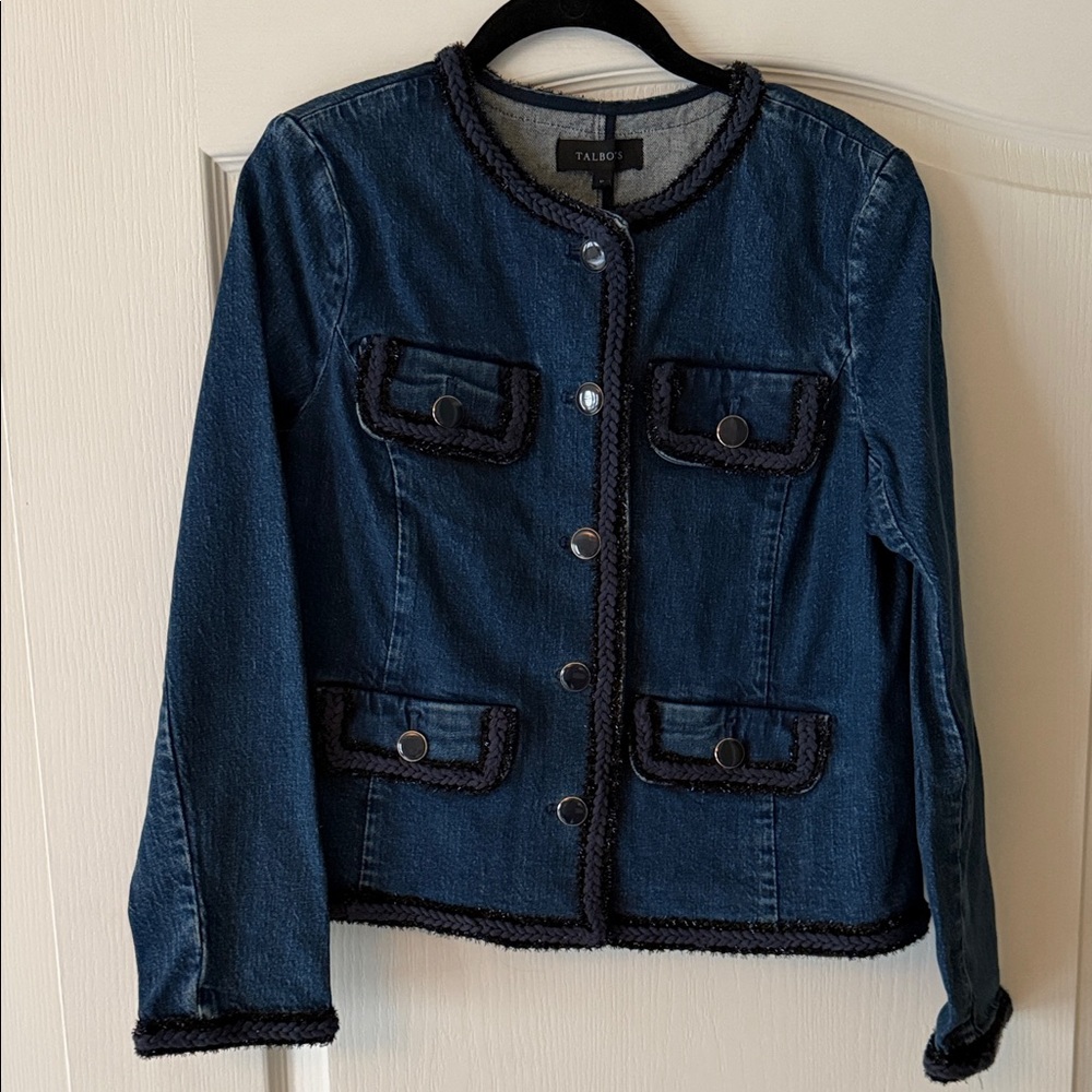 Talbots Dark Blue Denim Jacket with Braided Metallic Trim